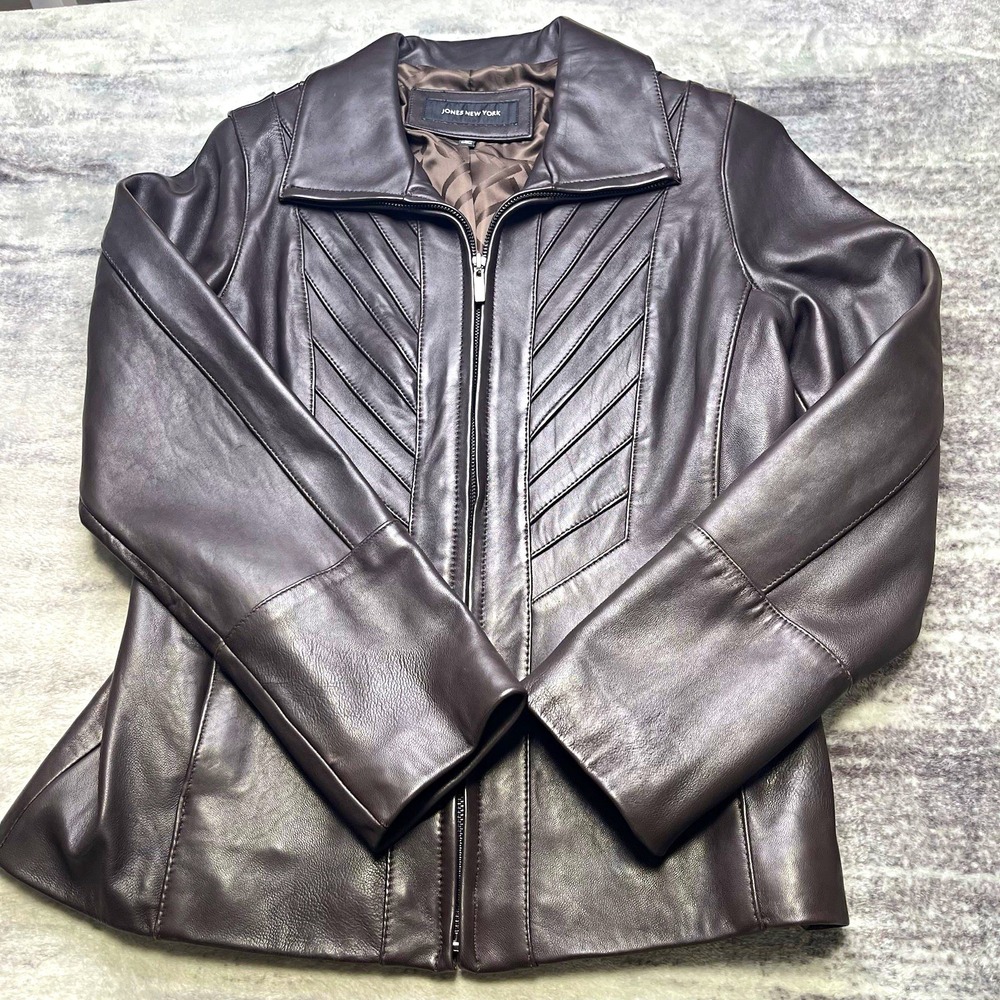 Jones New York Womens Brown Pleated Genuine Leather Mid-Length Jacket Zip Sz M